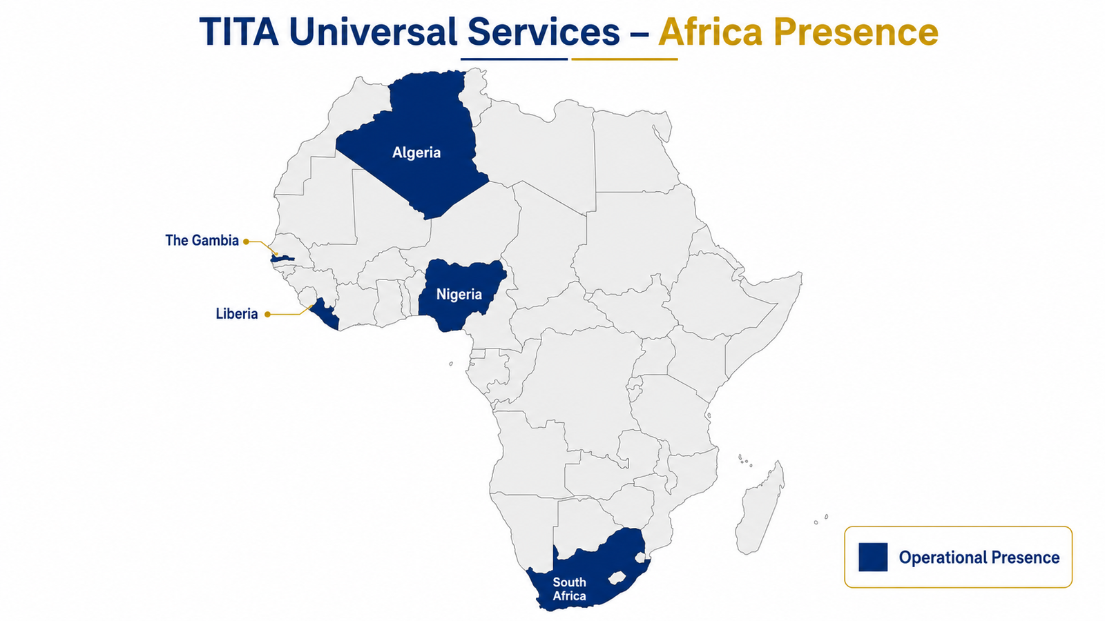 Map of Africa showing TITA's active countries: Algeria, Nigeria, Liberia, The Gambia and South Africa